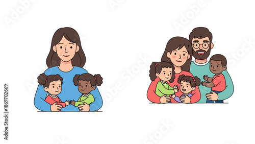 Diverse family and single mom with kids cartoon