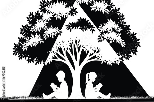 Creative Silhouette of Children Reading Books Under a Tree Shaped Like the Letter A for Alphabet Education and Literacy Concept
