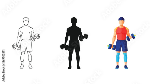 Man exercising with dumbbells, set of three variations outline, silhouette, and full color illustration of weight training