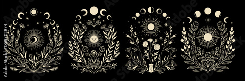 Vector illustration set of moon phases. Different stages of moonlight activity in vintage engraving style. Zodiac Signs	