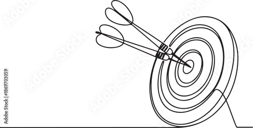 Single continuous line drawing of darts hitting a target symbolizing success.one line  vector illustration  with out background