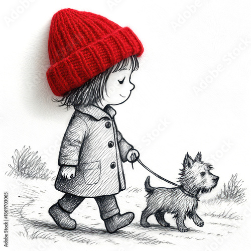A little girl in a bright red knitted hat walks her dog, beautifully captured in a watercolor and three-dimensional sketch, showcasing the joy of childhood