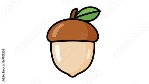 Cute Acorn Cartoon Illustration with Green Leaf