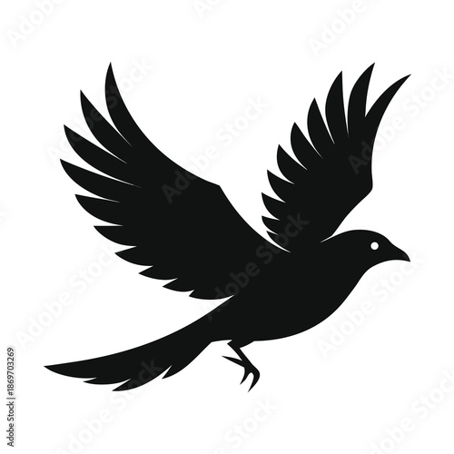 A solitary black bird in flight a minimalist silhouette against a plain background