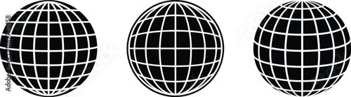 Black globe earth Icons with grid vector. Three minimalist world globe icons. Abstract wireframe grid sphere symbols. Web design, global business, travel, geography, internet symbols.