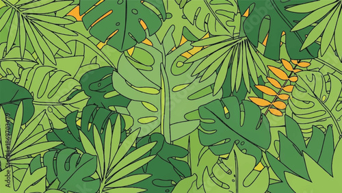 A vibrant collection of various green leaves with some yellow accents, viewed from directly above in a lush environment.
