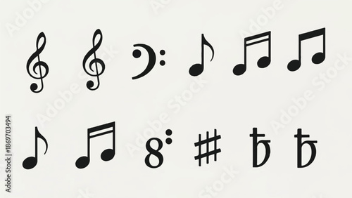 A collection of musical symbols and notes on a plain background viewed from directly above