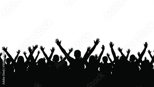 A crowd of people raising their hands in celebration against a white background