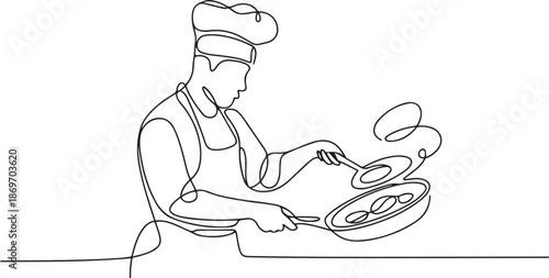 Chef cooking at kitchen with pan continuous line drawing.one line  vector illustration  with out background
