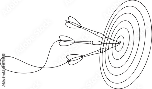 Single continuous line drawing of darts hitting a target symbolizing success.one line  vector illustration  with out background