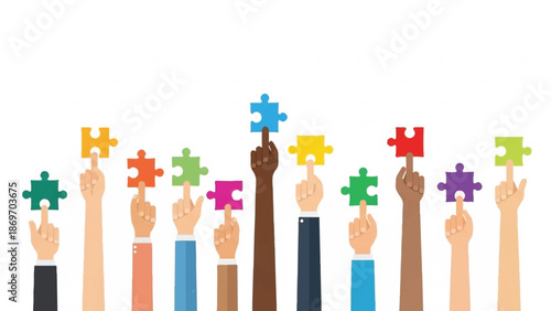 Diverse hands holding puzzle pieces together in unity and cooperation