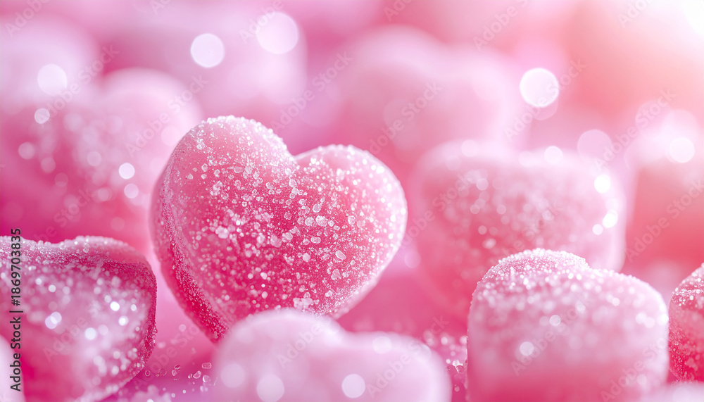 Fototapeta premium Heart-shaped pink candy with glittering sugar, romantic and dreamy atmosphere, Valentine celebration