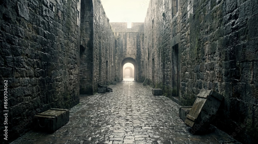 Fototapeta premium Empty stone passageway in ancient castle fortress. Narrow cobblestone corridor with wooden crates and arched doorways leading to light. Medieval historical architecture and adventure scene.