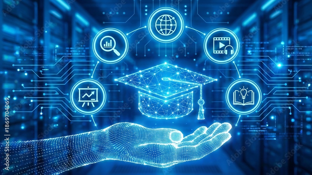 Obraz premium E-learning. Innovative online education and internet technology concept. Webinar, teaching, online training courses. Skill development. Wireframe hand touching digital interface ai