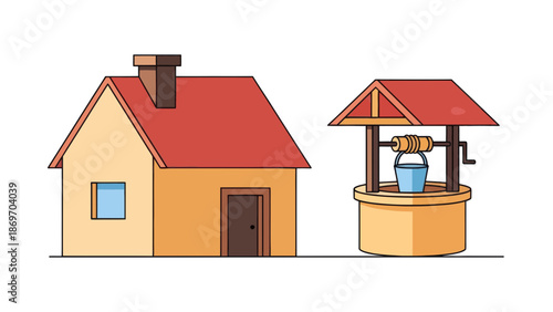 Cartoon house and well illustration