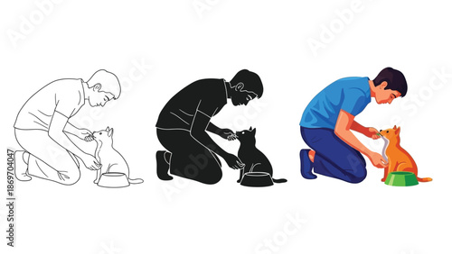 Man kneeling and feeding a cat from a bowl, illustrated in three styles outline, silhouette, and full color vector graphic
