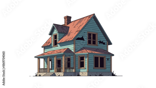 Cartoon House Illustration: Old, Weathered Home
