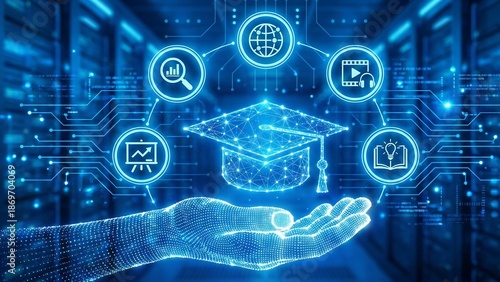 E-learning. Innovative online education and internet technology concept. Webinar, teaching, online training courses. Skill development. Wireframe hand touching digital interface ai