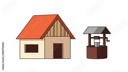 Cartoon house and well illustration