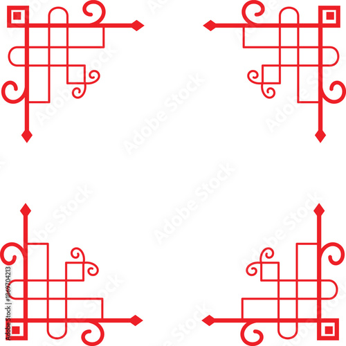 “Abstract decorative border design with dynamic red arrows and symbolic shapes, flowing lines around the edges, modern artistic style, minimal color palette with red, black, and white, smooth curves, 