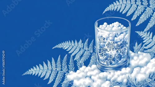 Icy drink glass on clouds, fern leaves