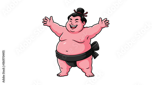 Happy Sumo Wrestler with Open Arms Smiling and Cheerful.