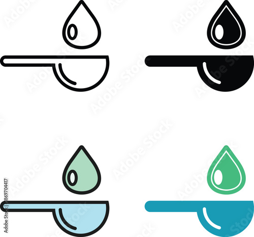 Vector icon of liquid medicine spoon with drop symbol for telemedicine and online pharmacy services. Suitable for healthcare apps, digital medical platforms, and pharmaceutical UI design.