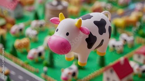 Cute cartoon cow figurine in a stylized farm scene