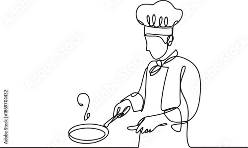 Chef cooking at kitchen with pan continuous line drawing.one line  vector illustration  with out background