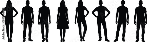 Male and female silhouettes, alternating pose lineup, standing figure icons, posture variation set, minimal vector illustration, gesture reference