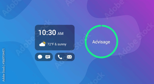 Smartphone screen display with time weather icons and green advisage button on purple blue background with ui and ux and technology and graphic