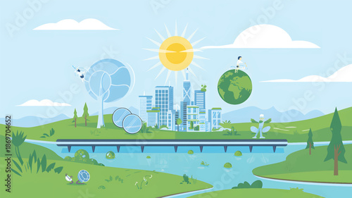 Cartoon cityscape with green landscape and blue river bridge desig