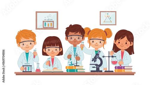 Cute Kids Science Experiment Illustration in Classroom Laboratory Cartoon Style