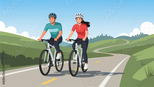 This charming flat design illustration features a happy young couple cycling together on a picturesque trail, embodying shared adventure, fitness, and a love for the outdoors. 