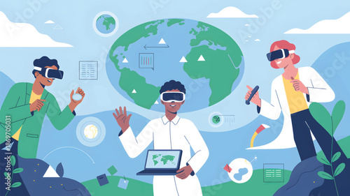 Three people wearing VR headsets are interacting with a virtual globe and technology in virtual reality 