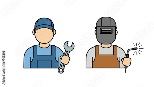 Icons representing a mechanic holding a wrench and a welder with a mask and torch, symbolizing skilled trades and manual labor
