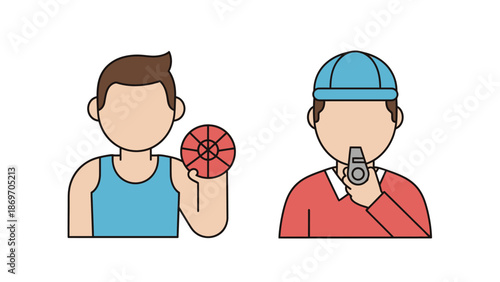Vector illustration of a basketball player holding a ball and a coach blowing a whistle, depicting sports training and game management