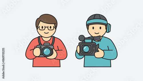 Illustration of a photographer and a videographer holding professional camera equipment ready to capture moments and events