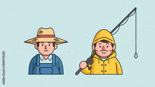 Two illustrated characters, a farmer with overalls and a straw hat, and a fisherman wearing a yellow raincoat holding a fishing rod