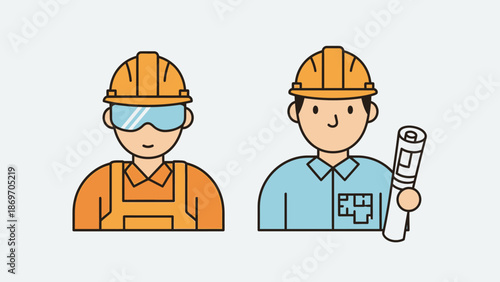 Professional male workers in construction and engineering, depicted in a modern flat design style, illustrating building industry for project success and development