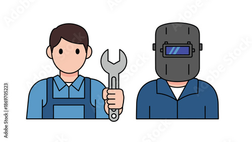 Skilled tradespeople, including a mechanic holding a wrench and a welder wearing a protective mask, symbolizing diverse industrial professions and manual labor