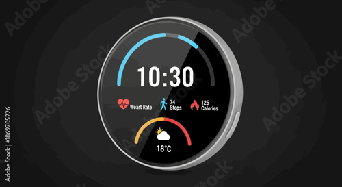Smartwatch face displaying heart rate steps calories and weather forecast in a modern digital design on a black background with fitness tracker