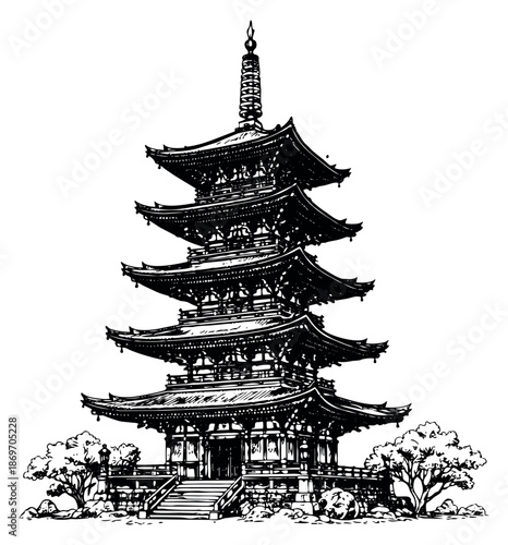 Hand drawn line art illustration of a Japanese pagoda depicting traditional Asian architecture for cultural designs