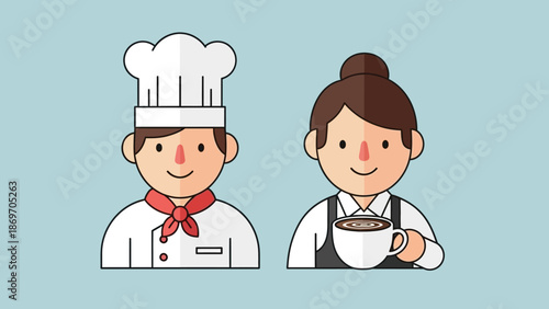 Illustrated portrayal of diverse food service professionals, featuring a skilled chef and a friendly barista, symbolizing dedication and excellent hospitality in the culinary industry