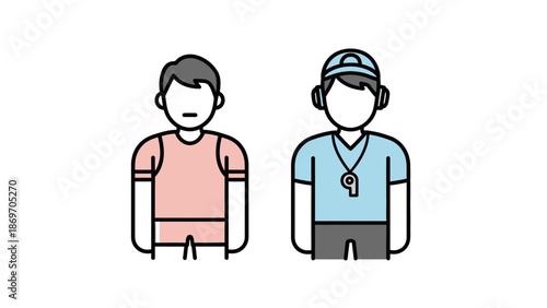 Vector illustration of a male athlete standing next to his sports coach, symbolizing guidance, teamwork, and the essential role of professional training in athletic pursuits