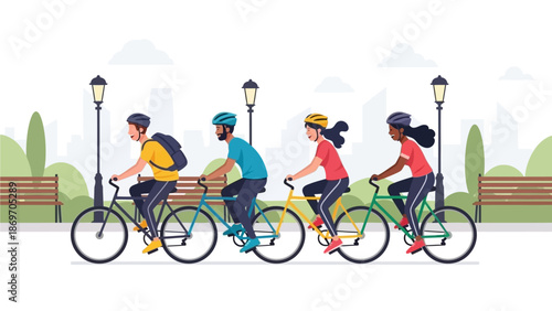 A cheerful flat design illustration depicting a group of diverse friends joyfully cycling through a vibrant city park, representing social connection, urban recreation, and a fun, active lifestyle. 