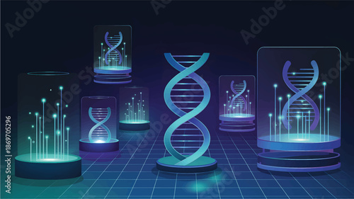DNA double helix structures on pedestals with glowing blue lines, genetic molecular biology