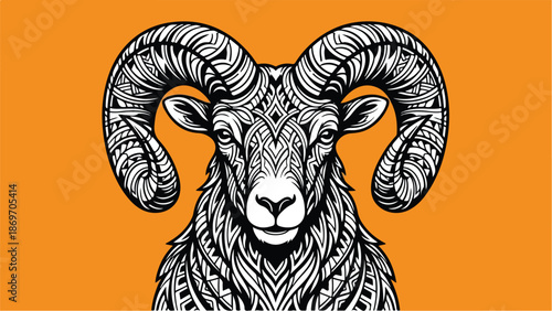 Intricate artwork of a ram with detailed patterns and orange background.