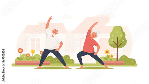 This serene flat design illustration shows a cheerful senior couple engaging in gentle yoga and stretching in their garden, promoting active aging, wellness, and healthy relationships in later life. 