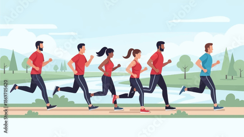 An energetic flat design illustration showcasing a diverse group of adults jogging together along a picturesque river path, symbolizing community fitness, outdoor activity, and a healthy lifestyle. 